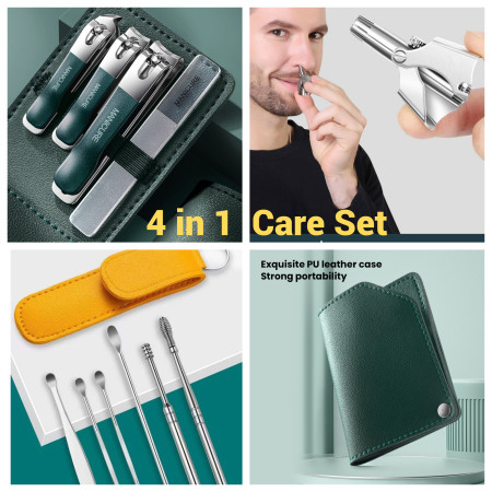 4 in 1 Set (1 Manicure Set,1 Nose Trimmer,1 Ear cleaner Set,Leather Cover Pouch )